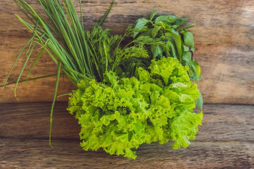 A variety of fresh organic herbs on an old wooden background.