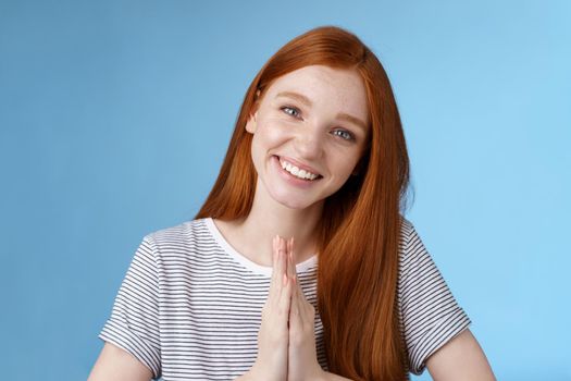 Cheerful sincere kind redhead girl do coquettish eyes tilting head look nice asking favour say please smiling tender press palms together supplicating pleading begging help, standing blue background.