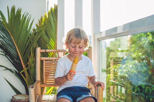 Cute little blond boy eating a homemade icecream made of a mango, banana and passion fruit sitting on a wooden chair at a terrace