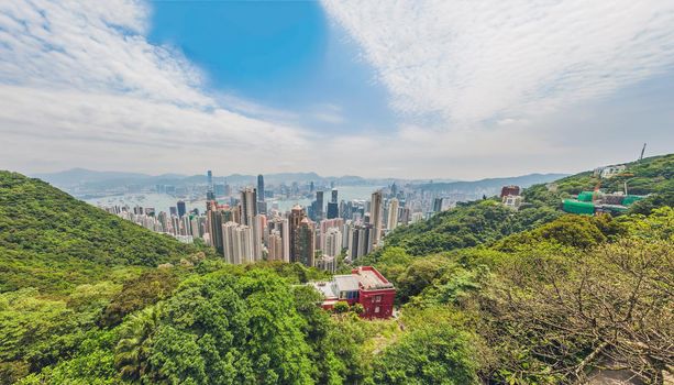 Big panorama of Hong Kong skyline. View from Victoria Peak.