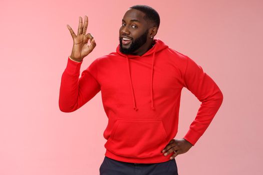 Guy hold everything under control assuring customer show okay sign. Portrait charismatic cheeky black bearded man say ok smiling assured confident you look perfect, standing pleased pink background.
