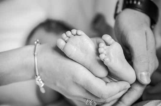 Mother with her newborn baby care hands. High quality photo