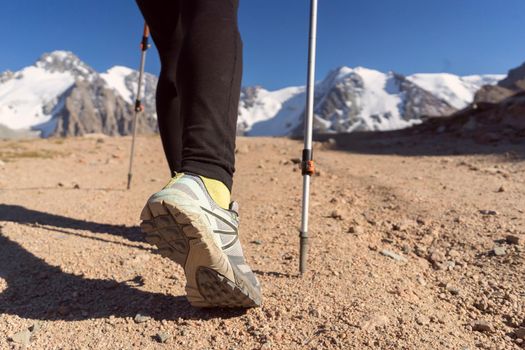 A young girl with trekking poles walks through the valley among the snow-capped mountains, travels through the national park, close-up view of her legs.