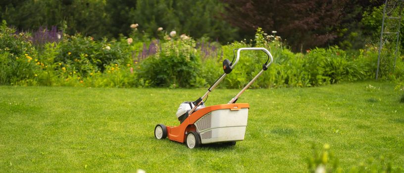 A lawnmower is at the beautiful green floral backyard lawn. A lawnmower is cutting a lawn on a summer sunny day.