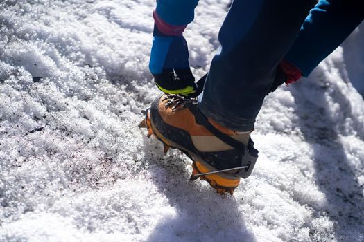 A man goes hiking, winter hiking in the highlands, and puts crampons on his climbing boots before climbing the glacier and snowy mountain.