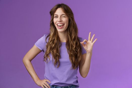 Okay got it. Cheeky flirty girlfriend winking coquettish show alright okay ok sign smiling broadly reassure friend outfit awesome express approval agree good idea stand purple background pleased.