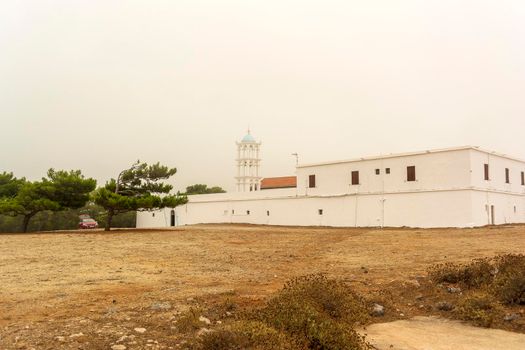 View of the famous old monastery of Agia Elesa in fog. Kythira island in Greece.