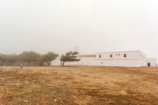 View of the famous old monastery of Agia Elesa in fog. Kythira island in Greece.