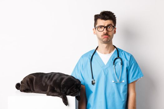 Tired black dog pug lying near handsome male doctor at veterinary clinic, veterinarian staring confused at camera, standing over white background.