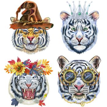 Watercolor illustration of tigers in silver crown, goggles, witch hat and autumn wreath