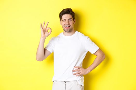 Confident handsome man winking, showing okay sign in approval, like something good, standing over yellow background.