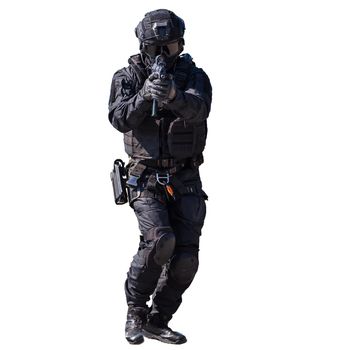 Special forces member in action isolated on white background, unmarked and unrecognizable SWAT officer