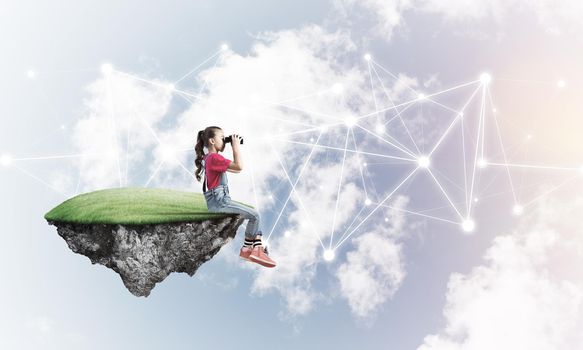Cute girl on floating island looking in spyglass presenting social connection concept