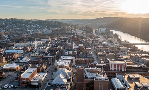 Morgantown, WV - 4 January 2022: Aerial view of downtown Morgantown in the late afternoon in West Virginia