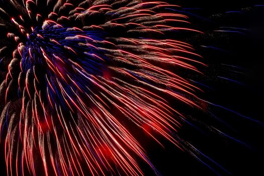 Concept of holiday. Red and violet fireworks on background of night sky, close-up.