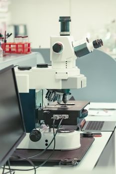 Microscope at a laboratory for developing vaccines against coronavirus