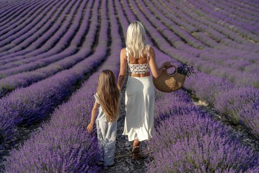 a beautiful girl with brown hair and a blonde girl in white dresses walk together through a lavender field.