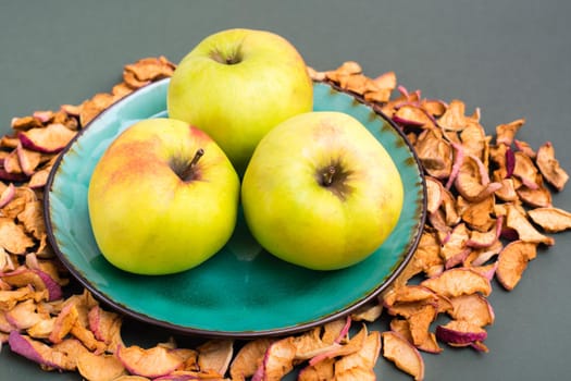 Fresh apples on a plate and pieces of dry apples around on a green background