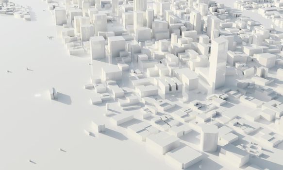 Skyscraper and metropolis city in monochrome. Architecture and Business city plan concept. Low polygon cityscape scene. Blueprint for mega project theme. Copy space. 3D illustration rendering