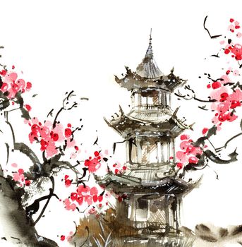 Watercolor and ink illustration of japanese pagoda and blossom sakura tree with pink flowers. Oriental traditional painting by ink and watercolor in sumi-e style.