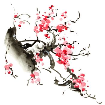 Watercolor and ink illustration of blossom sakura tree with pink flowers. Oriental traditional painting by ink and watercolor in sumi-e style.