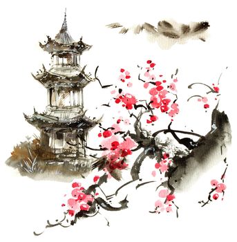 Watercolor and ink illustration of japanese pagoda and blossom sakura tree with pink flowers. Oriental traditional painting by ink and watercolor in sumi-e style.