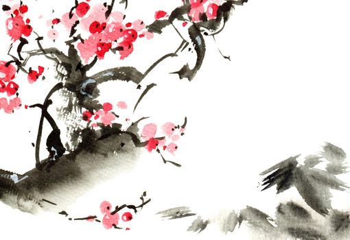 Watercolor and ink illustration of blossom sakura tree with pink flowers. Oriental traditional painting by ink and watercolor in sumi-e style.