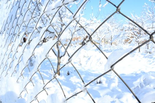 View of the garden through a wire covered with snow. Winter idyll in Croatia
