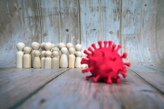 group of people standing against bacteria, virus covid-19, Social distancing wooden background copy space space for text