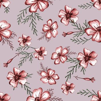 Seamless Pattern with Hand-Drawn Flower. Pink Background with Red Thin-leaved Marigolds for Print, Design, Holiday, Wedding and Birthday Card.