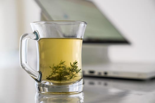 Glass transparent cup with herbal tea with grass leaves on the background of a working computer. Concept of work at home and rest break during work.
