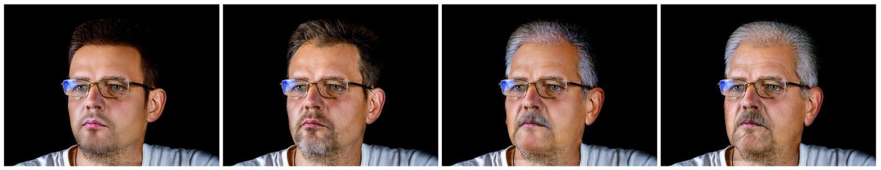 Set of a portrait of a man with glasses of different ages. Human aging process. Gray hair. Beard and mustache. Glasses for sight. Portrait of a man. Different ages of one person. Facial wrinkles.