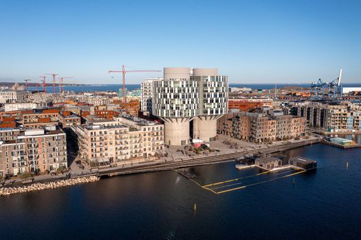 Copenhagen, Denmark - January 06, 2022: Drone view of the Portland Towers, two silos converted into office bildings in the Nordhavn district.