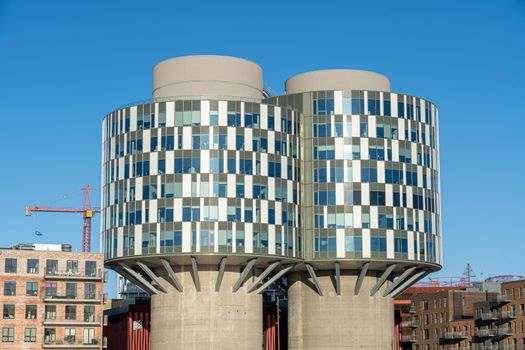 Copenhagen, Denmark - January 06, 2022: View of the Portland Towers, two silos converted into office bildings in the Nordhavn district.