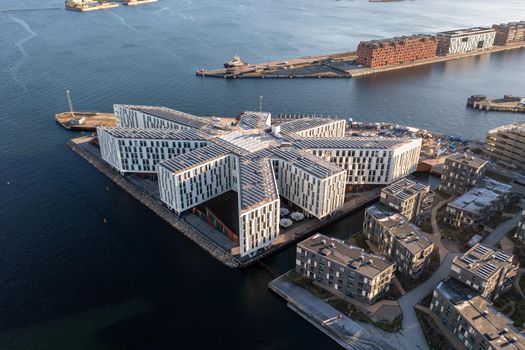 Copenhagen, Denmark - January 06, 2022: Aerial drone view of the UN City builing