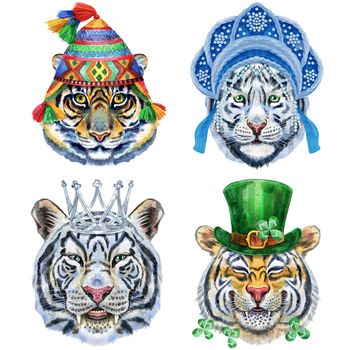 Watercolor illustration of tigers in a Peruvian hat, silver crown, Russian kokoshnik and a green Saint Patrick hat