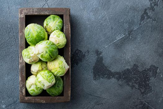 Raw brussels sprouts, on grey background, flat lay with space for text