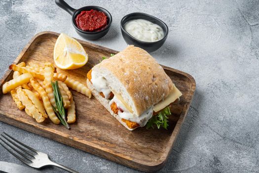 Sandwich with Fish Sticks set, on gray background , with copyspace and space for text