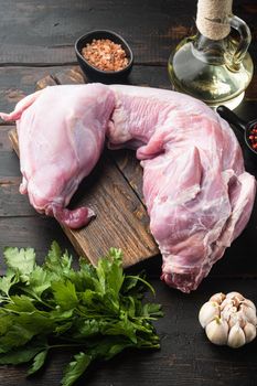 Fresh raw rabbit with olive oil, rosemary, peppers set, on old dark wooden table background