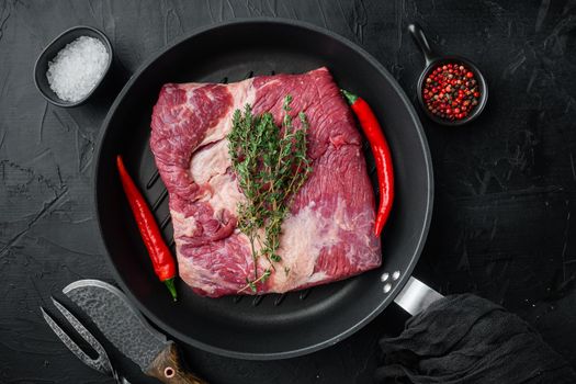 Raw Beef belly, beef brisket meat set, on black stone background, top view flat lay
