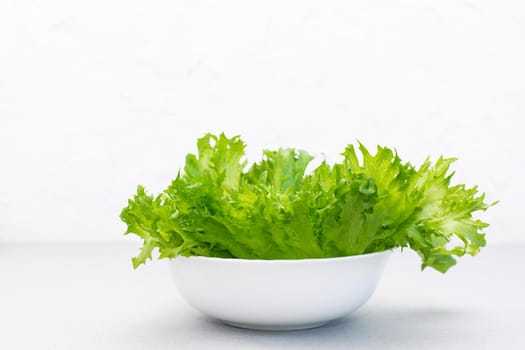 Fresh green lettuce leaves in a bowl on the table. Healthy eating. Copy space