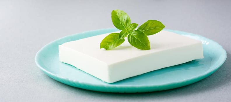 A piece of fresh feta cheese and basil leaves on a plate on the table. Ingredient for Greek salad. Web banner