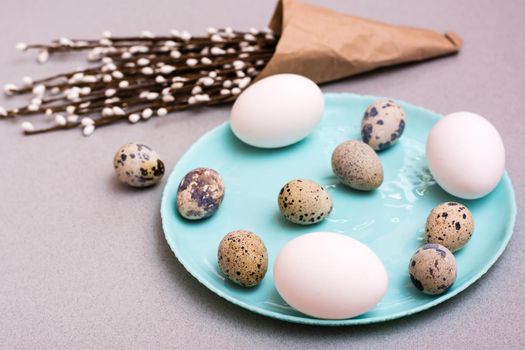 Happy Easter. Chicken and quail eggs on a plate and packaging with pussy willow branches on a gray background