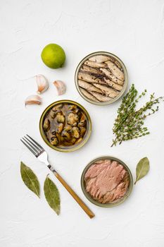 Opened cans conserve with tuna mussel, sprats set, on white stone table background, top view flat lay