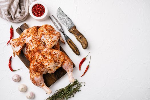 Ready to roast raw Chicken Tabaka set, on white stone table background, top view flat lay, with copy space for text
