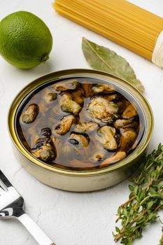 Seafood snacks canned mussels set, on white stone table background