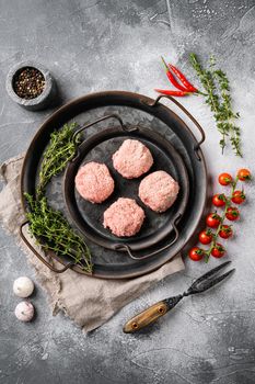 Raw chicken cutlets, ground meat patty set, on gray stone table background, top view flat lay