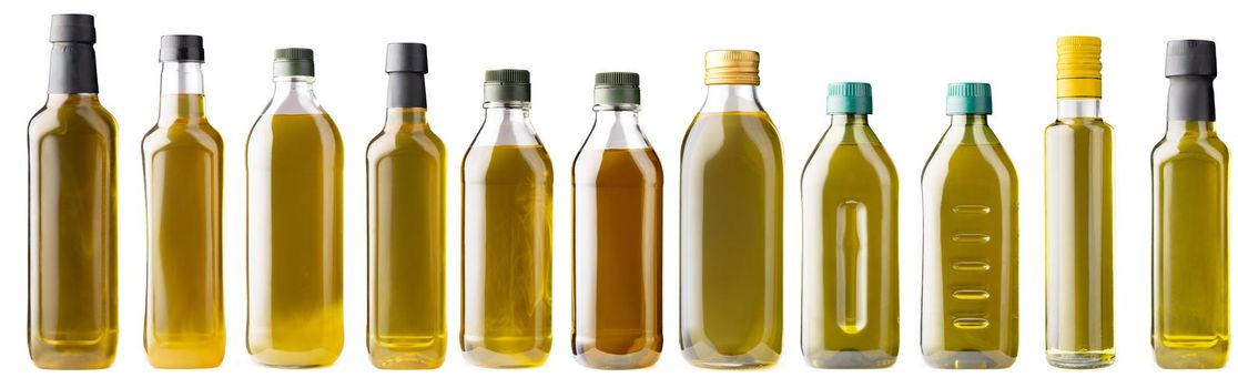 Row of olive oil bottles isolated on white background