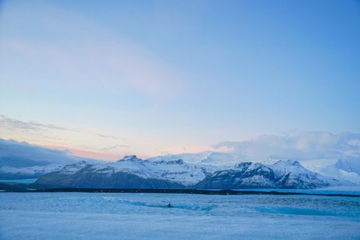 Snowy Mountain of Iceland and dusk (Vatna York Tol Glacier). Shooting Location: Iceland, Lay Cavik