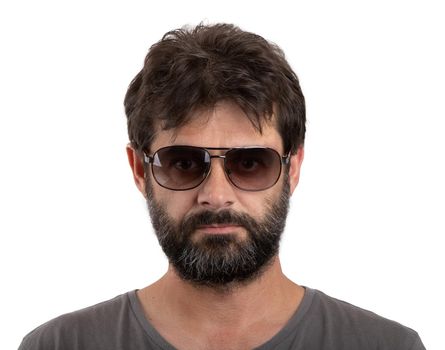 portrait of ordinary forty - 40 years old bearded man with sunglasses isolated on white